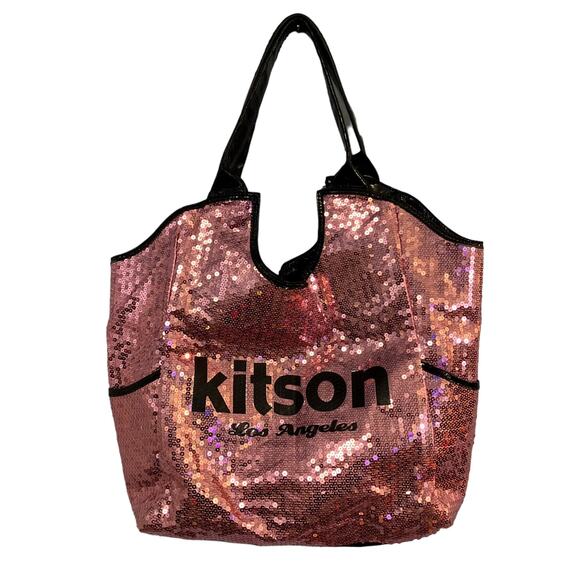 Kitson Los Angeles Pink Sequin Black Trim Tote Bag - Picture 1 of 9